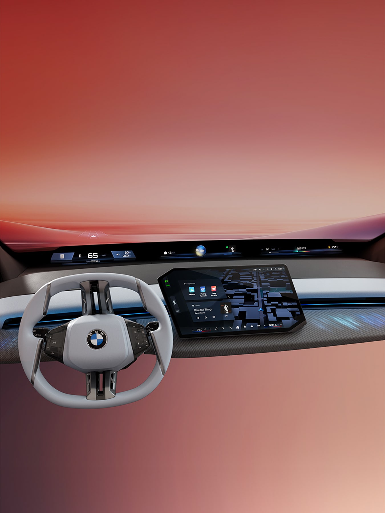 BMW Panoramic iDrive featuring BMW Panoramic Vision, Central Display, and Shy Tech steering wheel, offering an innovative, intuitive, and connected driver interface with a future-focused design.